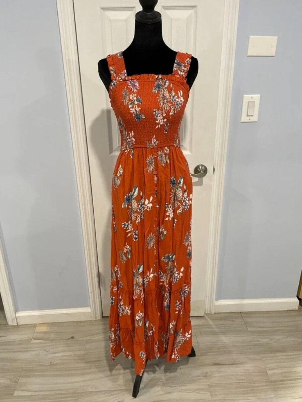 Xhilaration Women’s Orange Floral Smocked Maxi Dress XS